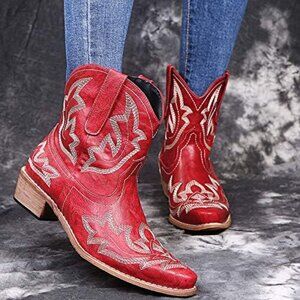 Women Cowgirl Western Ankle Booties Pointed Toe Low Chunky Heel Embroidered